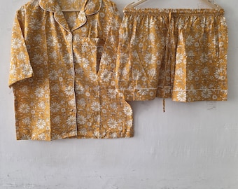 Floral Cotton Pajama Set – Mustard Yellow Sleepwear, 3-Piece