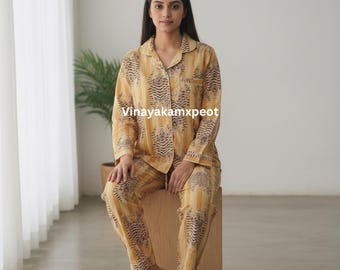 Handtryckt bomullspyjamaset med väska - Lättvikts indiskt nattplagg