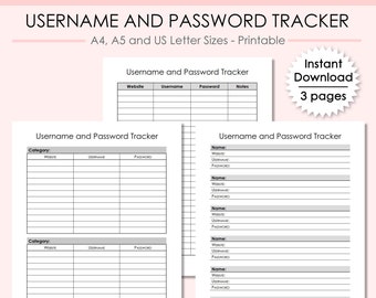 Password Tracker, Username tracker, Password Printable, Login Tracker, Username Tracker, Username Keeper, Email Tracker, US Letter, A4, A5