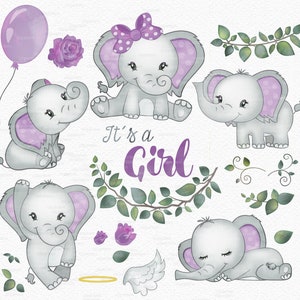 Purple Elephant girl clip art, watercolor. Baby Elephant clipart, gray, purple,baby shower, birthday. Comm use.Roses, angel elephant