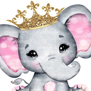 Elefante bambina con corona, clip art acquerello di elefante reale rosa per baby shower, compleanno, decorazione da principessa, qualsiasi progetto, file digitale PNG