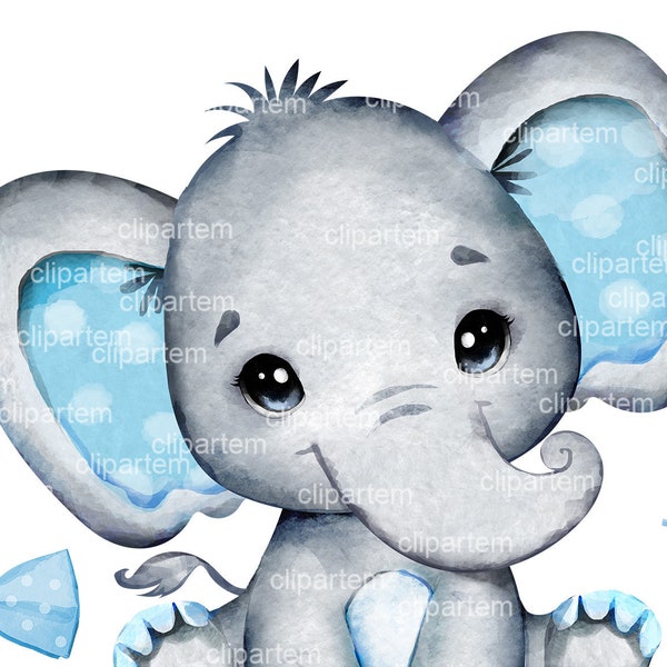 Boy elephant clip art, watercolor very cute little peanut, blue gray polka ears, commercial usage, baby shower, birthday baby animal bow tie