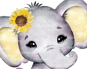 Elephant sunflower baby shower decorations, elephant baby girl yellow sunflower clip art for baby shower, sublimation,transfer,centerpiece