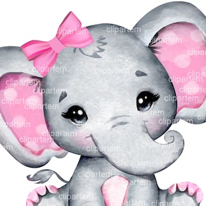 Watercolor girl elephant clip art, very cute little peanut,Pink gray polka ears bow, commercial usage baby shower sublimation african animal