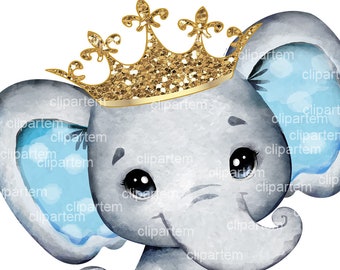 Elefante niño con corona, clip art de acuarela de elefante real azul para baby shower, cumpleaños, decoración de príncipe, cualquier proyecto, archivo digital PNG