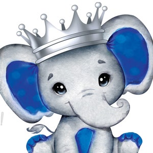 Illustraties koningsblauwe olifant, olifant met kroon, zilverblauwe olifant, koninklijke jongensolifant babyshower, decoraties, sublimatieoverdracht