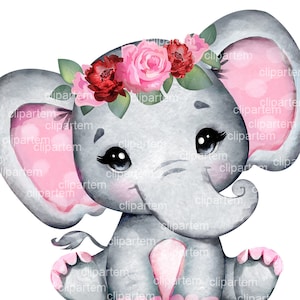 Marrom Rosa Floral Coroa Elefante Bebê Menina Elefante PNG Clipart Sublimação, para qualquer projeto, aniversário, chá de bebê