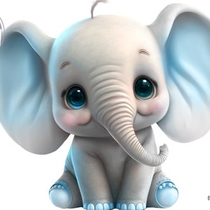 Blush Blue baby elephant design, png, image for baby shower invitation, cute little baby elephant with blue ears sitting, decor, birthday