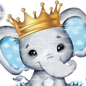 Boy Elephant with Crown, gold blue elephant watercolor clip art for baby shower, birthday, prince decor, any project, PNG digital file