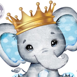 Junge Elefant mit Krone, gold blaue Elefant Aquarell Clip Art für Babyparty, Geburtstag, Prinz Dekor, jedes Projekt, digitale PNG-Datei
