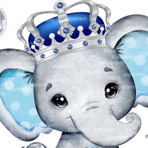 Royal Elephant Blue Silver Crown watercolor clip art PNG. Sublimation image, royal baby shower, dark blue and baby blue silver Prince theme