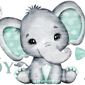 Sage Elephant boy clip art, also you can make girl with sage bow tie, gender neutral baby elephant, it&#39;s a boy watercolor mint little peanut