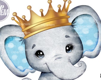 Boy Elephant with Crown, gold blue elephant watercolor clip art for baby shower, birthday, prince decor, any project, PNG digital file