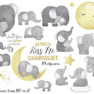 Olifant, kus me welterusten illustraties, grijze kleine mama en babyolifant, maan, wolken, hou van je tot de maan en terug, algemeen gebruik, kinderkamer