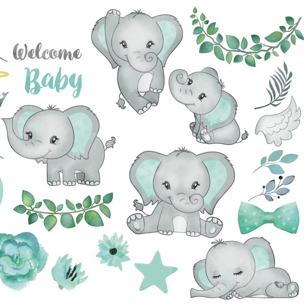 Mint Elephant vector files, scalable vector files, PNG images of elephant in mint green, for baby shower, birthday, nursery decor, bedding