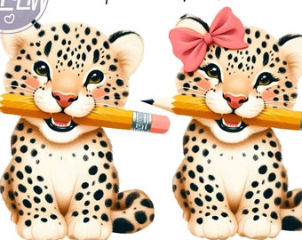 Leopard tillbaka till skolan söt sublimering för elever och lärare, leopardgul penna och rosa rosett, pojke gepard dagis sublimering