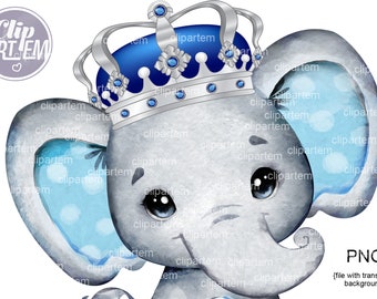 Corona de plata azul con elefante real, acuarela, clip art PNG. Imagen de sublimación, baby shower real, tema de príncipe azul oscuro y azul bebé plateado