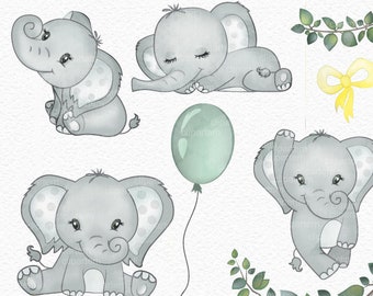 Elephant clip art, watercolor. Watercolor Baby Elephant clipart, gray, yellow, green,baby shower, birthday. Commercial use elephant clip art