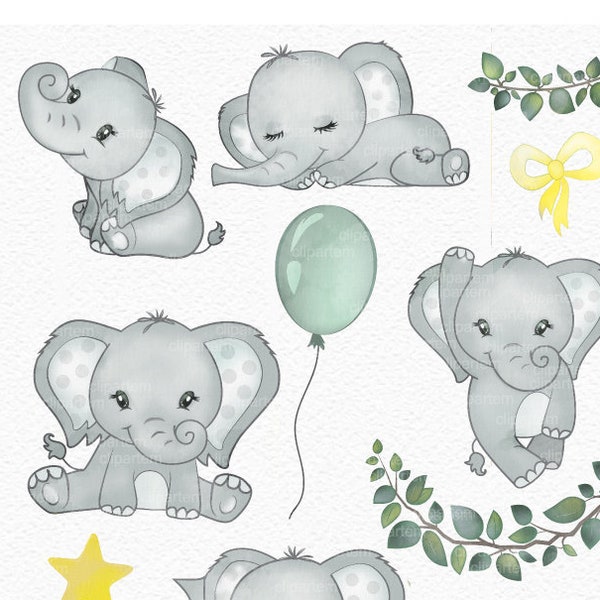 Clip art éléphant, aquarelle. Aquarelle Baby Elephant clipart, gris, jaune, vert, baby shower, anniversaire. Clipart d’éléphant à usage commercial