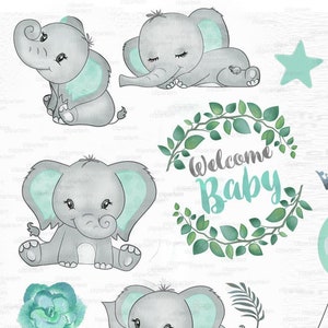 Mint Green Elephant Clip Art, Watercolor. Baby Elephant Clipart, Aqua ...