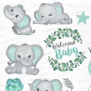 Mint Green Elephant clip art, watercolor. Baby Elephant clipart, aqua,baby shower, birthday. Unisex neutral baby elephant, commercial use