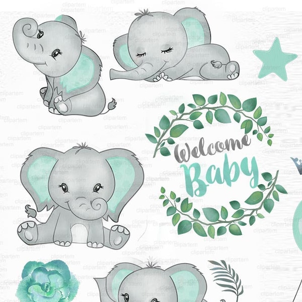 Mint Green Elephant clip art, watercolor. Baby Elephant clipart, aqua,baby shower, birthday. Unisex neutral baby elephant, commercial use