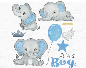 Elephant Boy-illustraties, aquarel. Aquarel babypinda clipart, blauw, babyshower, verjaardag. Kroon, vlinderdas, It's a Boy, gemeenschappelijk gebruik