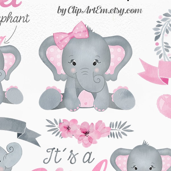 Baby Elephant Girl Clip Art, cute little girl peanut in pink and gray with polka dot bow, flowers, banner, watercolor, balloon, star, set