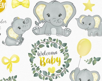 Elephant clip art, watercolor. Watercolor Baby Elephant clipart, gray, yellow baby shower, birthday. Bow tie, gender nutral comm use