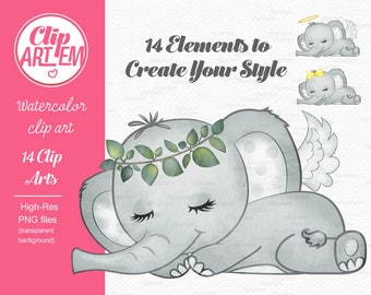 Elephant clip art, watercolor. Watercolor Baby Elephant clipart, gray, yellow, green,baby shower, birthday. Bow tie, gender nutral comm use
