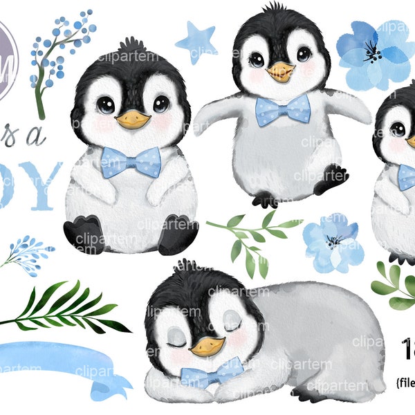 Boy Penguin 18 PNG clip art watercolor bundle, bow with bow  tie, penguin baby shower set, birthday penguin decorations, cute baby penguin