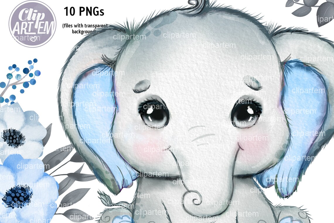 Super Cute Boy Elephant Baby Watercolor 10 PNG Set, Bundle With Blue ...