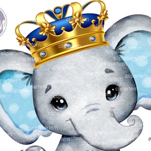 Junge Elefant mit königlicher Krone, blauer königlicher Elefant Aquarell Clip Art für Babyparty, Geburtstag, Prinzdekor, jedes Projekt, PNG-Set