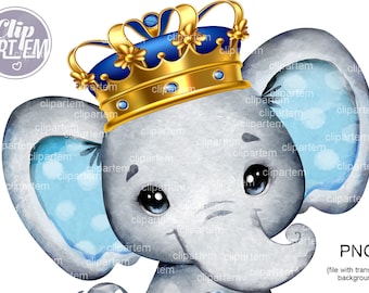Boy Elephant with Royal Crown, blue royal elephant watercolor clip art for baby shower, birthday, prince decor, any project, PNG set