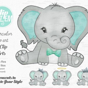 Mint Green Elephant Clip Art, Watercolor. Baby Elephant Clipart, Aqua ...