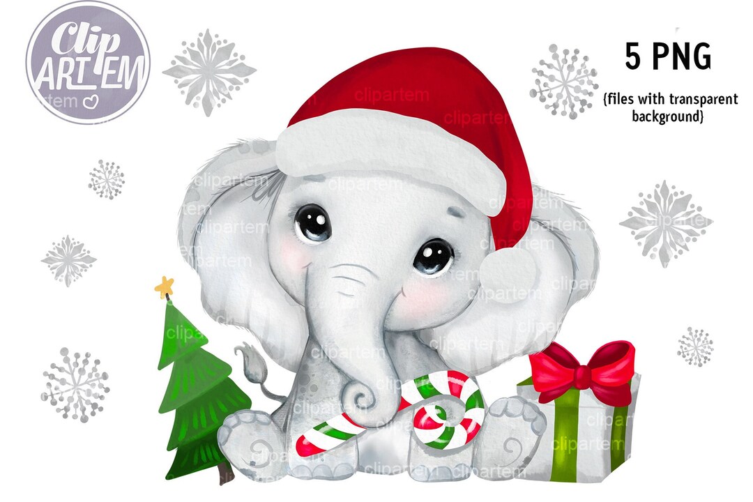 Christmas Boy Elephant With Santa's Red Hat, Watercolor Snowflakes ...