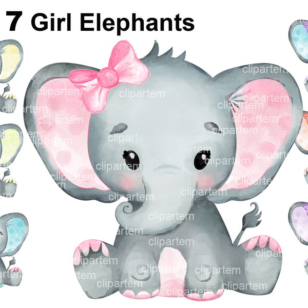 7 Girl Elephants with Bows clip art. Bundle of colorful girl baby elephants. Watercolor baby elephants with pink bow, purple bow, yellow bow