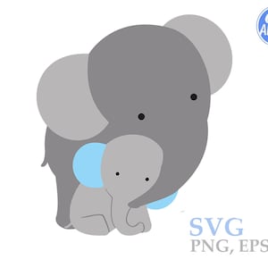 Mamãe Bebê Menino Elefante svg com orelhas azuis, mudar cor, arquivo de corte em camadas, cricut, clip art, sublimação, transferência de imagem, família, amor