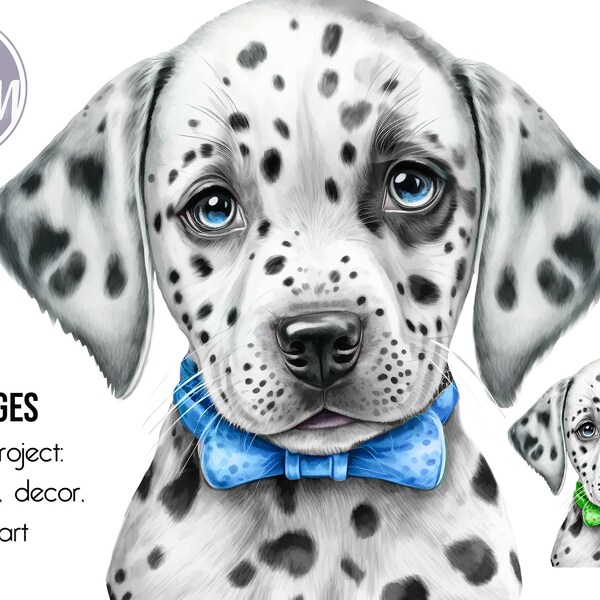 Dalmatian baby with blue bow tie, puppy dog watercolor cute dog for decor, baby shower, birthday, wall art, png image sublimation