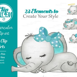 Puede incluir: Un conjunto de 23 im&aacute;genes de clip art de acuarela que representan un elefante beb&eacute; durmiendo con diferentes accesorios. El elefante es gris con acentos azules y blancos. Los accesorios incluyen un lazo, un halo, una corona de flores y una flor.