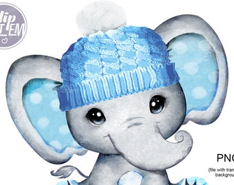 Olifant illustraties blauwe wintermuts, heel schattige kleine pinda, baby blauw grijze polka oren commercieel gebruik, babyshower, verjaardag, aquarel