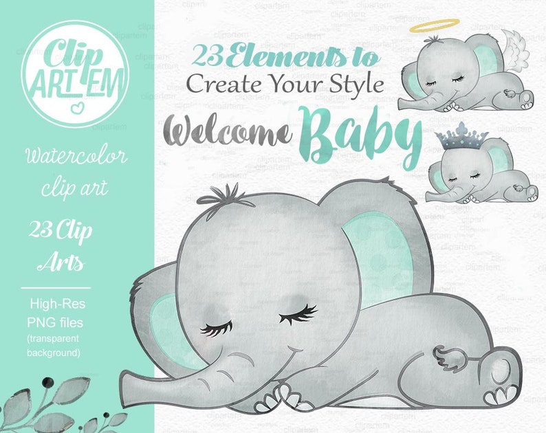 Mint Green Elephant clip art watercolor. Baby Elephant Etsy