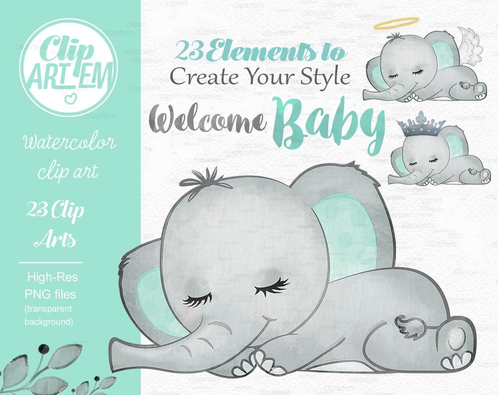 Mint Green Elephant Clip Art, Watercolor. Baby Elephant Clipart, Aqua ...