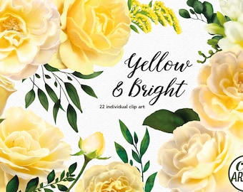 Watercolor floral Clip Art-Yellow Roses, Meadow, Calla, freesia, Wedding/Individual PNG files/Hand Painted/wedding invitation