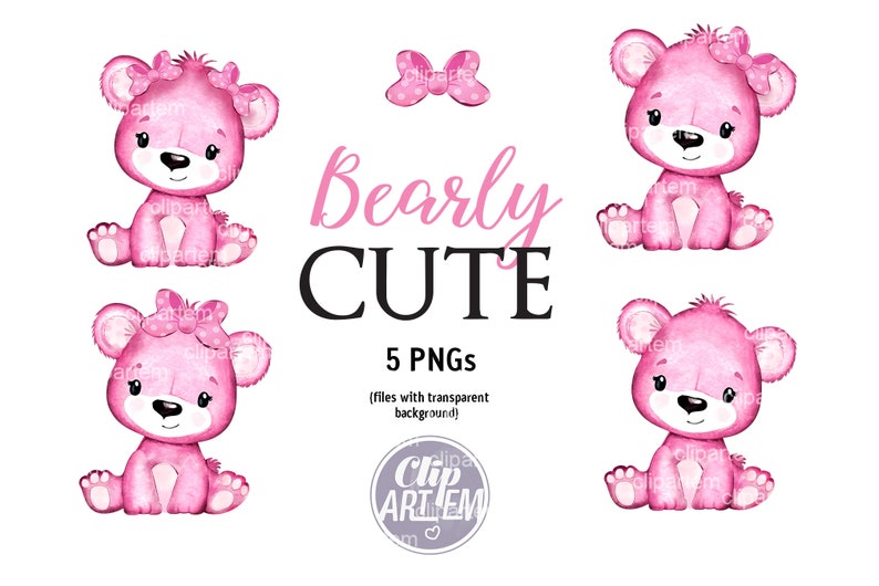 Pink Girl Bear Watercolor 5 Png Bundle, Baby Pink Cub Bear for Baby ...