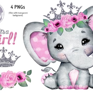 Prinses olifant zilver roze koninklijke illustraties, aquarel meisje olifant afbeelding, bundel voor babyshower, zilveren kroon, olifant roze bloem