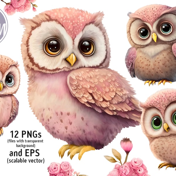 Cute Little Owls with pink flowers vector and clip art, owl sublimation image transfer, gender neutral baby owls bundle, painting for kids