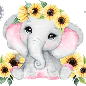 Decoraciones para baby shower con diseño de elefante y girasol, clip art de elefante, niña, rosa, amarillo y girasol, para baby shower, transferencia por sublimación comercial