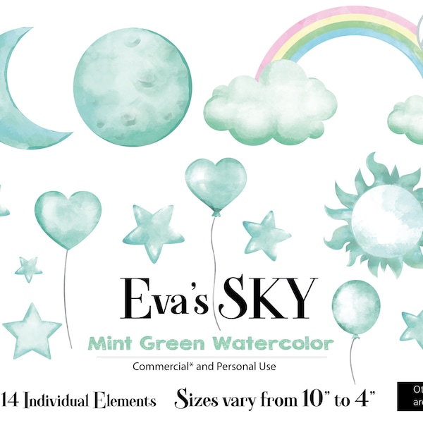 Mint Green coulds stars clip art, sky watercolor images any project, commercial personal use, balloon, drop, rainbow, moon, drop,heart, sun