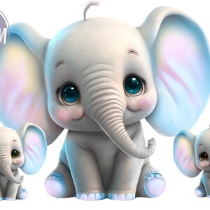 Puede incluir: Ilustración digital de tres adorables elefantes bebés. Los elefantes son de color gris claro con grandes ojos azules expresivos y detalles en rosa. La imagen incluye el texto "3 PNG" y "Clip Art EM".